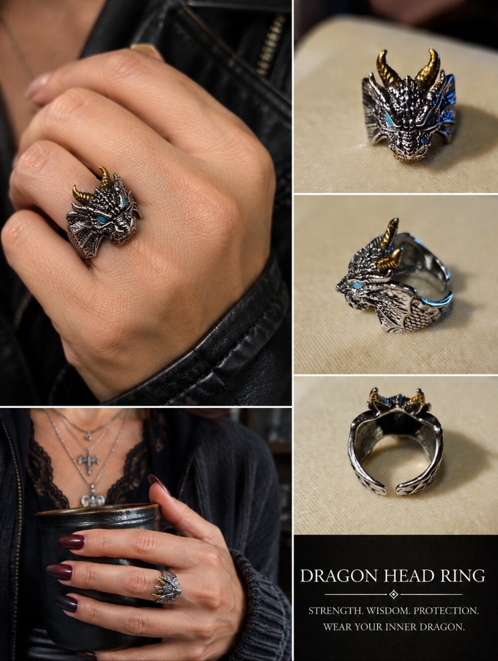 Dragon Head  Ring in Silver and Gold